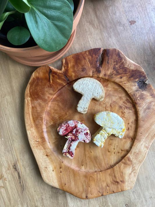 3 mushroom shaped cheeses are on a wooden plate, one of them is pink from beet powder and the other has reishi in it