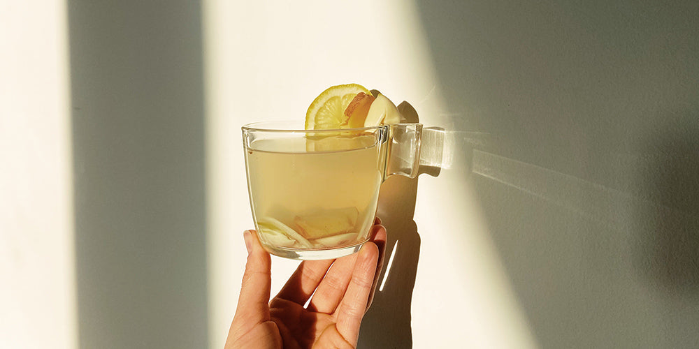 A cup is being held by a hand to a cream background. The natural sunlight has illuminated the cup. In the cup is a light yellow liquid with slices of ginger and lemon in it