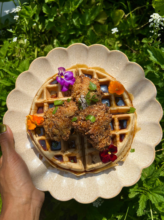 Sasha's Crispy Cornmeal Crusted Mushrooms + Waffles