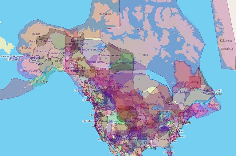 the map of north america overlaid with different coloured translucent squares representing the territories of the indigenous peoples who were first native to the land